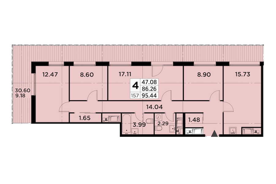 4-комнатная квартира 95.44 м², 14/14 эт., ЖК «GloraX City Zanevsky»